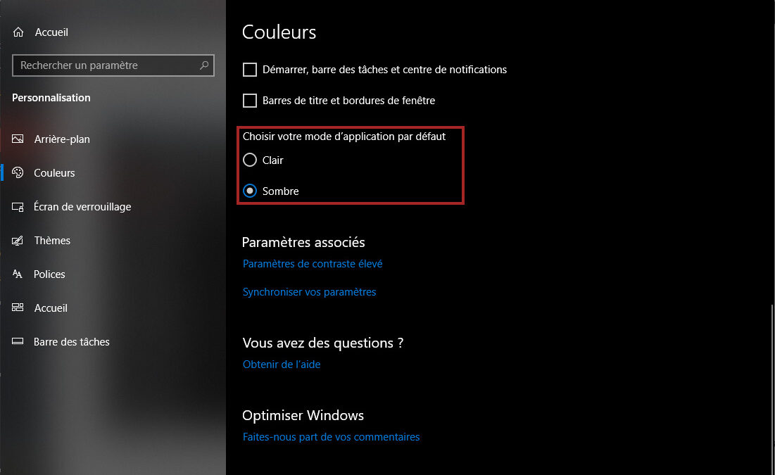 Comment activer ou désactiver le thème sombre de Windows 10 ?