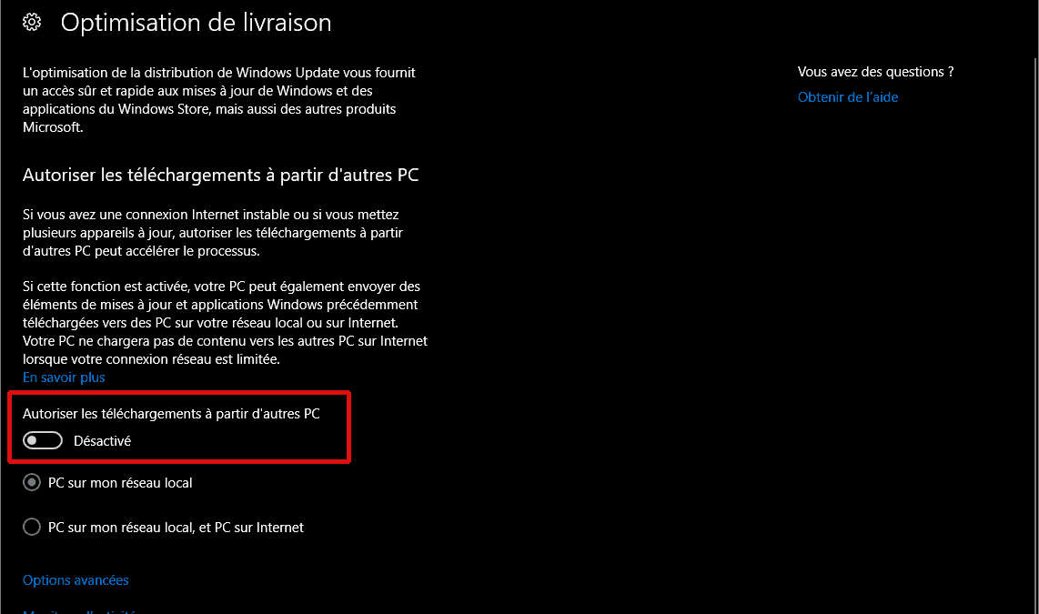 Comment désactiver le partage de mise à jour Windows 10 ?