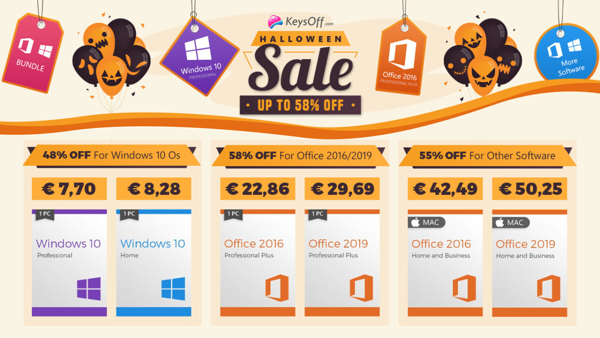 Offres d’Halloween sur Keysoff.com : Windows 10 Pro pour seulement 5,80 € par PC, Office 2016 Pro pour seulement 22,86 € !