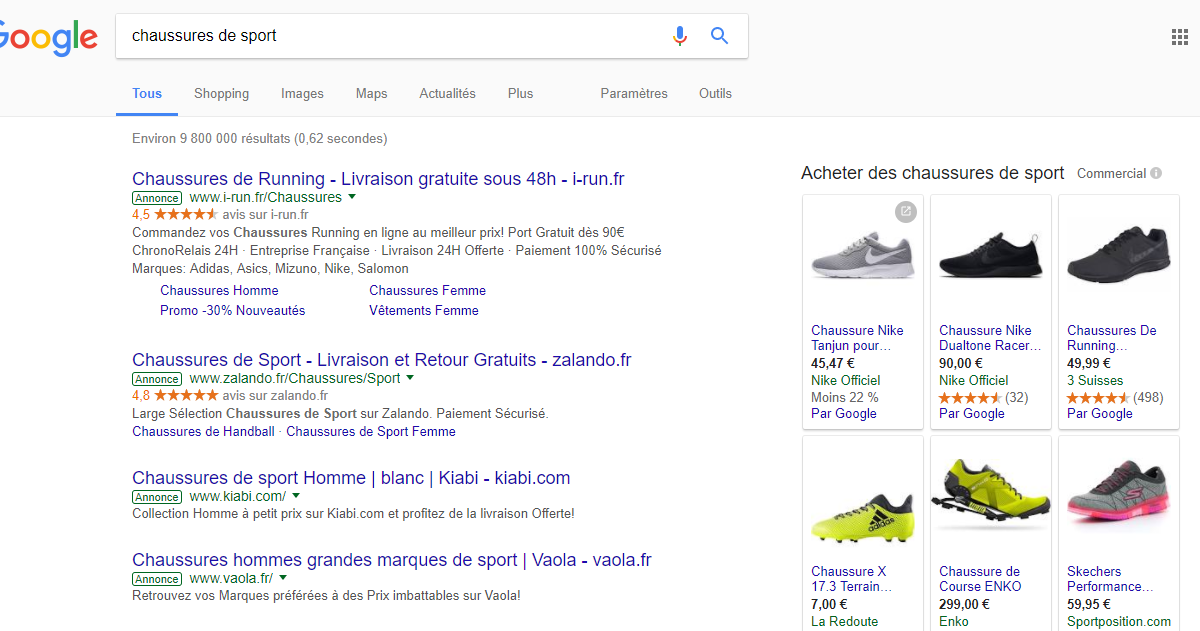 Que sont « publicitaires » et « commerciaux » mentionnés dans le moteur de recherche Google ?